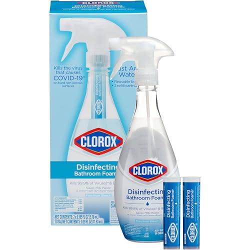 Clorox Disinfecting Bathroom Foamer Starter Kit with One Reusable Bottle Plus 2 Refill Cartridges, Household Essentials, Makes 50 Ounces of Cleaner