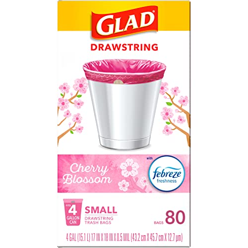 Glad Small Trash Bags 4 Gallon, Febreze Cherry Blossom Garbage Bags, Odor Resistant with Drawstring, 80 Count
