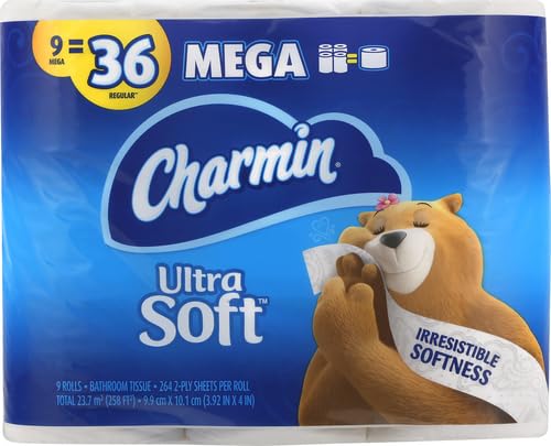 Charmin Ultra Soft Toilet Paper, 9 Mega Rolls Bath Tissue = 36 Regular Rolls