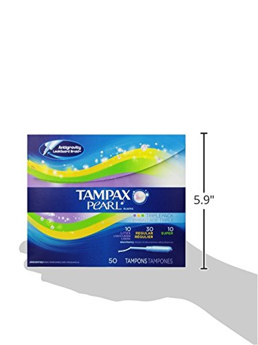 Tampax Pearl Plastic Tampons, Mutlipack, Light/Regular/Super Absorbency, Unscented, 50 Count (Packaging May Vary)