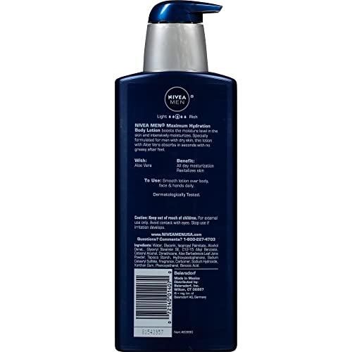 NIVEA MEN Maximum Hydration 48-Hour Moisture Body Lotion for Dry Skin, Aloe Vera Lotion for Men, 3-in-1 Body, Face and Hands, Dermatologically-Tested, 16.9 Fl Oz Bottle