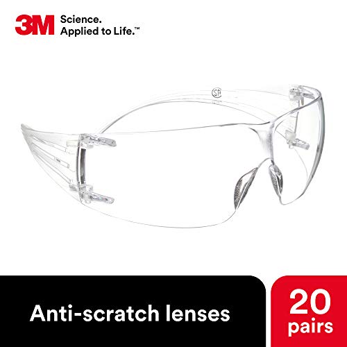 3M Safety Glasses, SecureFit, 20 Pack, ANSI Z87, Anti-Scratch, Clear Lens, Clear Frame, Flexible Temples