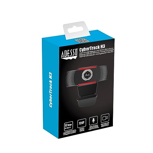 Adesso CyberTrack H3 Webcam 12 Megapixel 30 fps USB 20 1280x720 Video CMOS Sensor Manual-Focus Microphone for PC & Laptop, Black