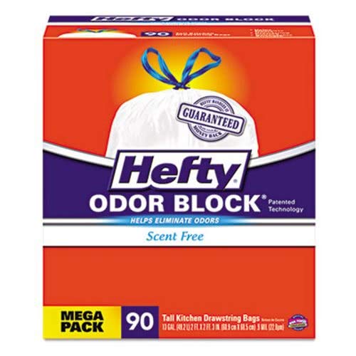 Hefty Odor Block Tall-Kitchen Drawstring Bags, 13Gal.9 Mil, White, 90/Bx, 3 Bx/Count