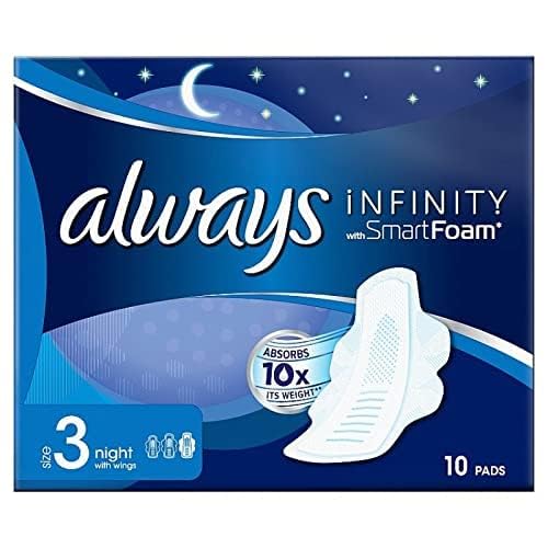 Always Infinity Night (Size 3) Sanitary Pads with Wings, 10 per Pack (Pack of 4)