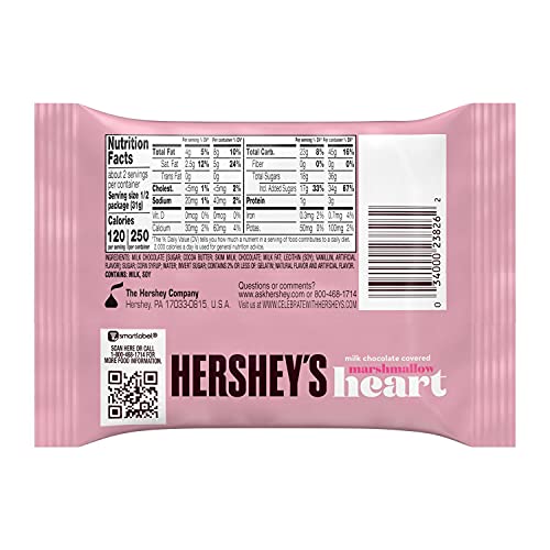HERSHEY'S Milk Chocolate Covered Marshmallow King Size Heart Candy, Valentine's Day, 2.2 oz Pack