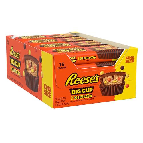REESE'S Big Cup with Pieces Milk Chocolate King Size Peanut Butter Cups, Candy Packs, 2.8 oz (16 Count)