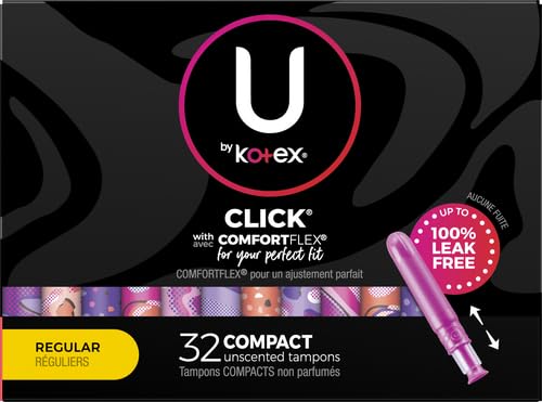 U by Kotex Click Compact Tampons, Regular Absorbency, Unscented, 32 Count