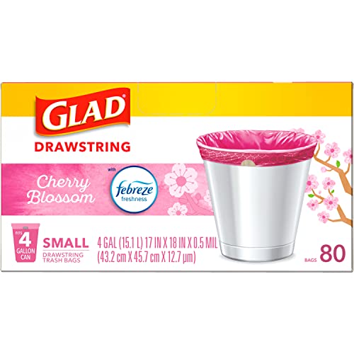Glad Small Trash Bags 4 Gallon, Febreze Cherry Blossom Garbage Bags, Odor Resistant with Drawstring, 80 Count