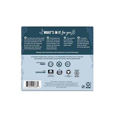 Seventh Generation Tampons with Comfort Applicator Super Absorbency Organic Cotton Tampons 18 Count, Pack of 6