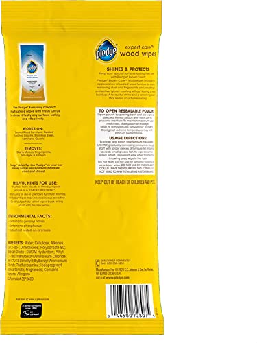 Pledge Expert Care Enhancing Wood Wipes, Lemon Scent, 24 Count