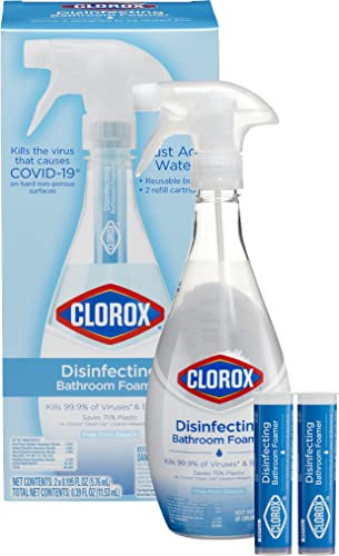 Clorox Disinfecting Bathroom Foamer Starter Kit with One Reusable Bottle Plus 2 Refill Cartridges, Household Essentials, Makes 50 Ounces of Cleaner