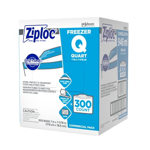 SC Johnson Professional Ziploc Quart Food Storage Freezer Bags, Grip 'n Seal Technology for Easier Grip, Open, and Close, 300 Count