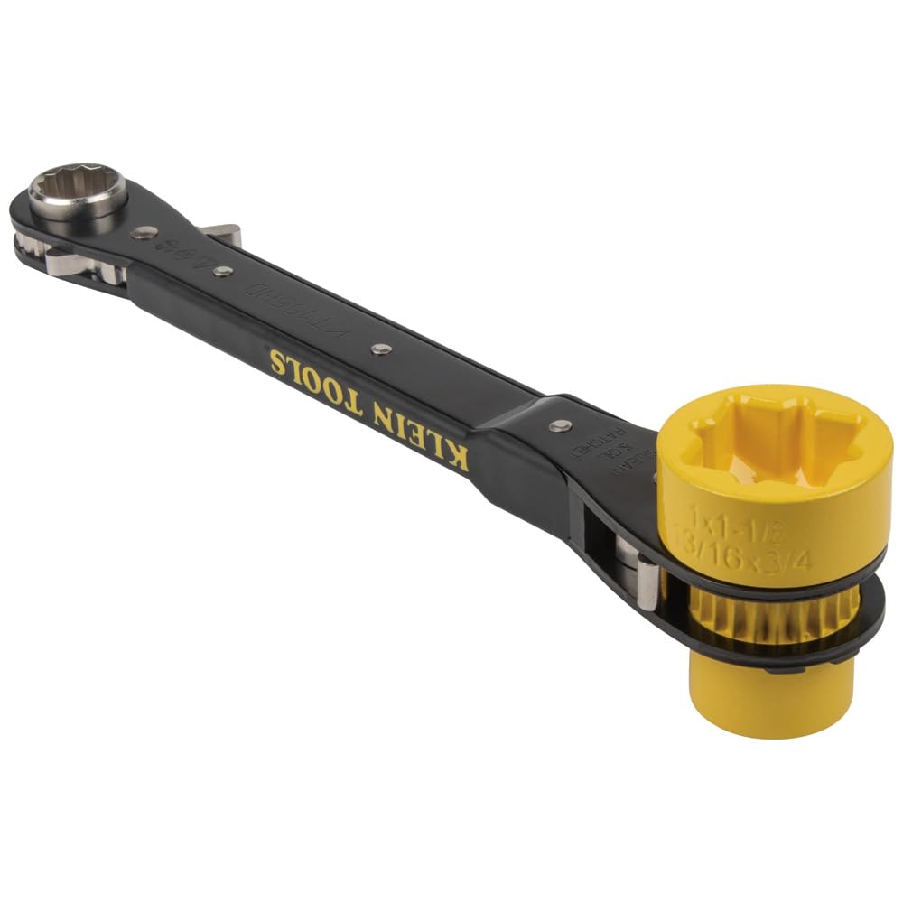 Klein Tools KT155HD Heavy-Duty 6-In-1 Lineman's Ratcheting Wrench with Bolt Through Design and Bright Yellow Socket