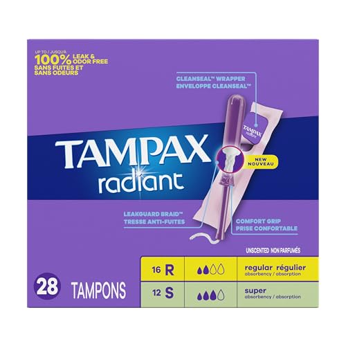 Tampax Radiant Tampons Multipack, with LeakGuard Braid, Regular/Super Absorbency, Unscented, 28 Count