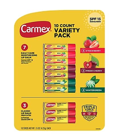 Carmex - 10 Count Variety Pack Daily Care Moisturizing Lip Balm SPF15 (3 Strawberry, 2 Fresh Cherry, 2 Wintergreen) and 3 Classic Lip Balm Medicated SPF15