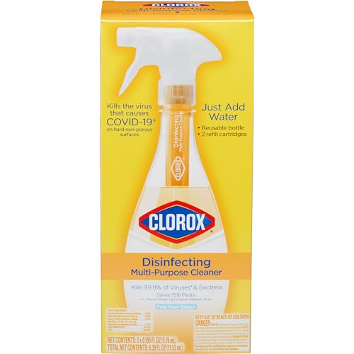 Clorox Disinfecting Multi-Purpose Cleaner Starter Kit, Household Essentials, One Reusable Spray Bottle Plus 2 Refills