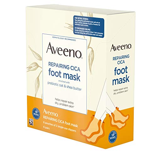 Aveeno Repairing CICA Foot Mask with Prebiotic Oat and Shea Butter, Moisturizing Foot Mask for Extra Dry Skin, 6 Pairs of Single-Use Slippers