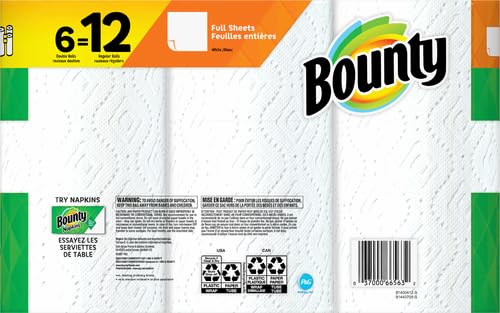Bounty Full Sheet Paper Towels, White, 6 Double Rolls = 12 Regular Rolls