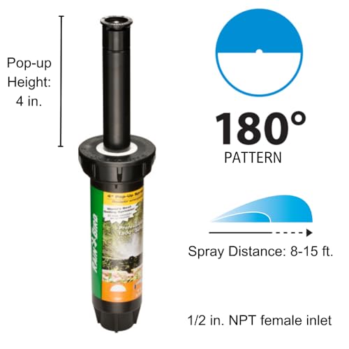 Rain Bird 1804H Professional Pop-Up Sprinkler, 180° Half Circle Pattern, 8' - 15' Spray Distance, 4" Pop-up Height
