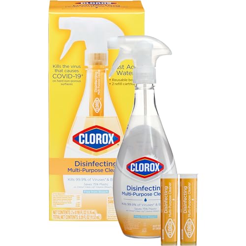 Clorox Disinfecting Multi-Purpose Cleaner Starter Kit, Household Essentials, One Reusable Spray Bottle Plus 2 Refills