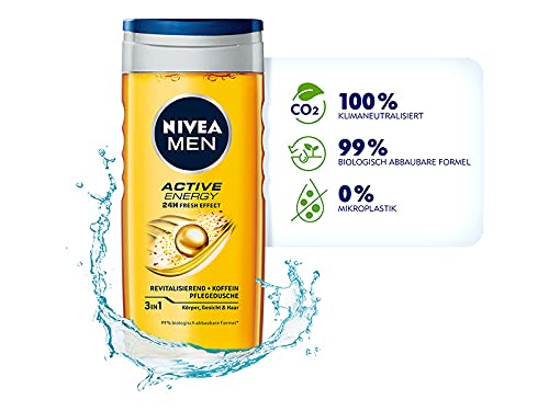 NIVEA MEN Active Energy Shower Gel (250ml), Refreshing Shower Gel with Natural Caffeine, Revitalising Shower for Body, Face and Hair