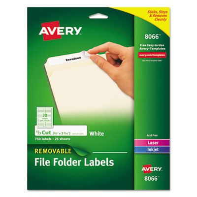 Removable File Folder Labels with Sure Feed Technology 0.66 X 3.44 White 30/Sheet 25 Sheets/Pack Qty: 750
