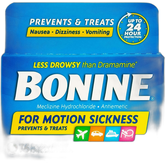 Bonine Motion Sickness Chewable Tablets, Raspberry Flavored, Meclizine HCl 25 mg, Less Drowsy Formula for Motion, Nausea, and Dizziness Relief, Up to 24-Hour Effectiveness,16 Tablets