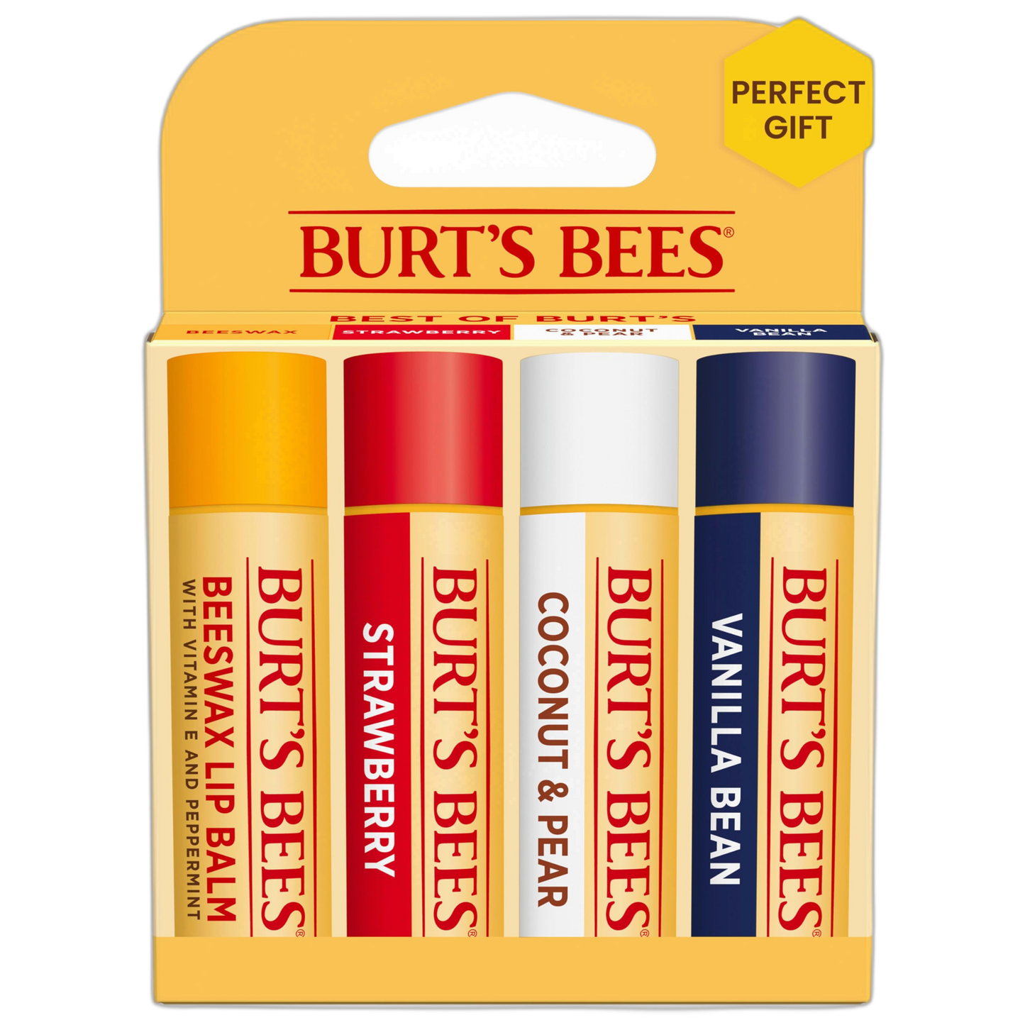 Burt's Bees Lip Balm, Beeswax, Strawberry, Coconut and Pear, and Vanilla Bean Pack, With Responsibly Sourced Beeswax, Tint-Free, Natural Lip Treatment, 4 Tubes, 0.15 oz.