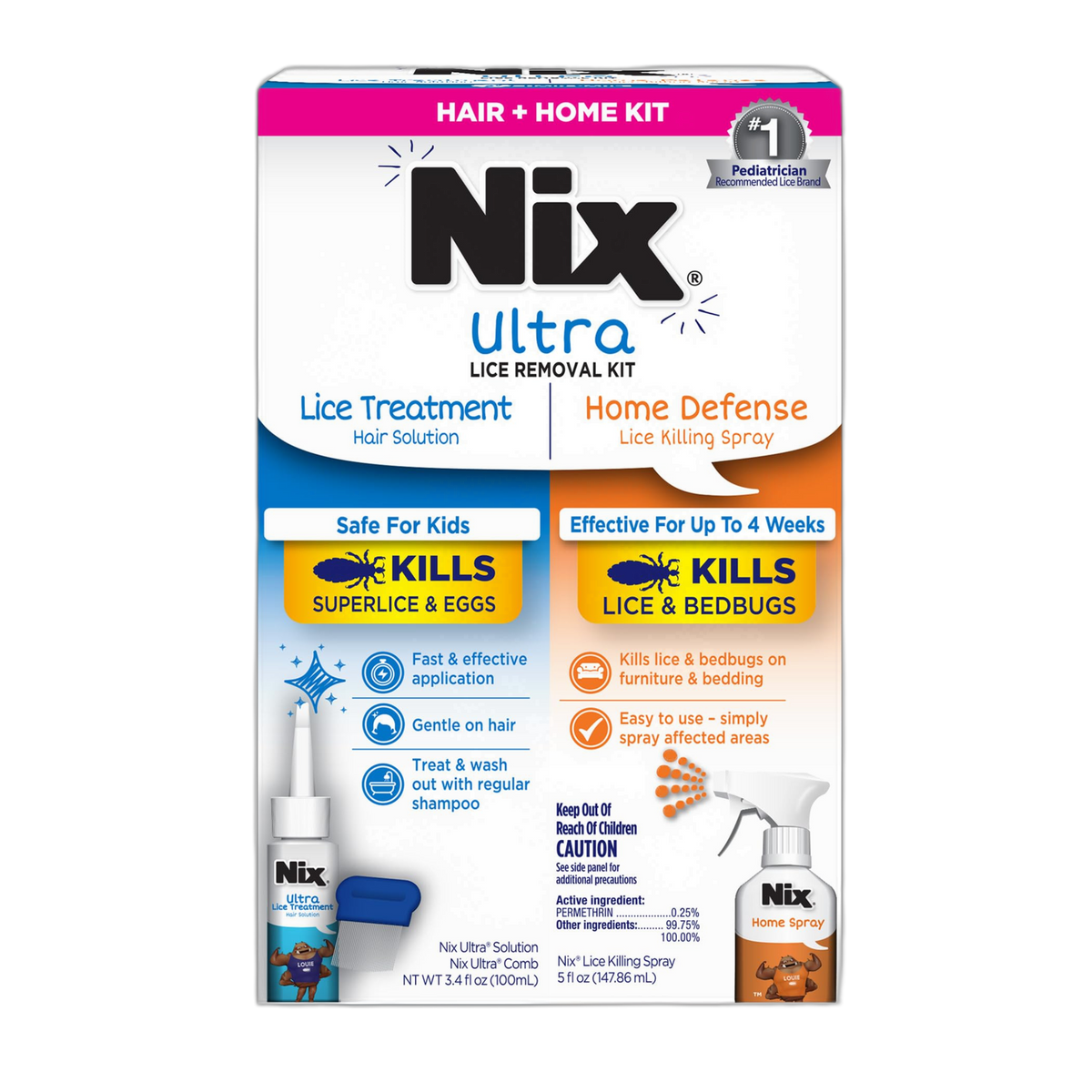 Nix Lice Removal Kit - Lice Treatment Hair Solution and Comb, Home Defense Bedbug and Lice Killing Spray (Pack of 2) (Packaging May Vary)