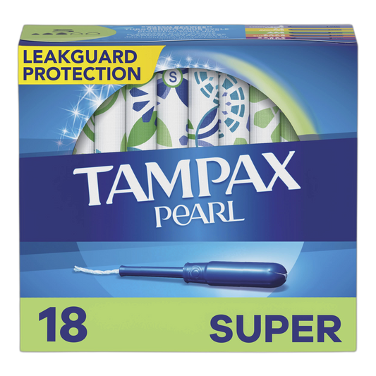 Tampax Pearl Plastic Tampons, Super Absorbency, Unscented, 18 Count - Pack of 12 (216 Total Count) (Packaging May Vary)
