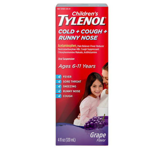 Children's Tylenol Cold + Cough + Runny Nose, Acetaminophen, Pain & Fever Relief, Chlorpheniramine Maleate, Antihistamine, Dextromethorphan HBr, Cough Suppressant; Grape liquid, 4 fl. oz.; Pack of 1