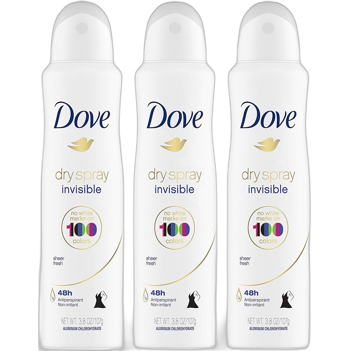 Dove Dry Spray Antiperspirant - Invisible - Sheer Fresh - Net Wt. 3.8 OZ (107 g) Per Can - Pack of 3 Cans