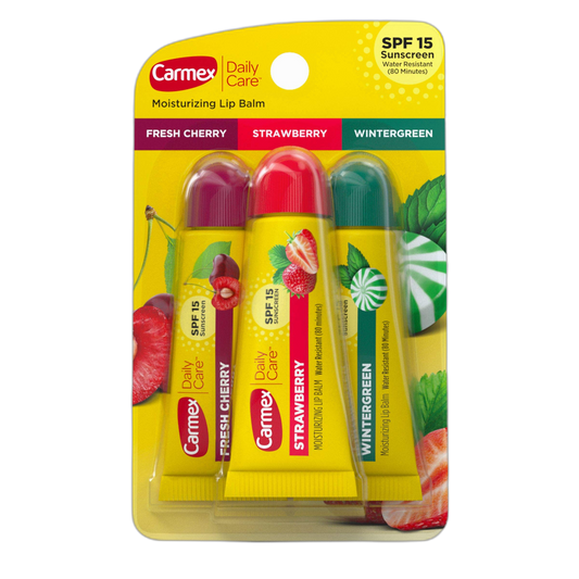 Carmex Daily Care Moisturizing Lip Balm Pack, Lip Balm With Sunscreen in Fresh Cherry, Strawberry and Wintergreen -0.35 Ounce (Pack of 3)