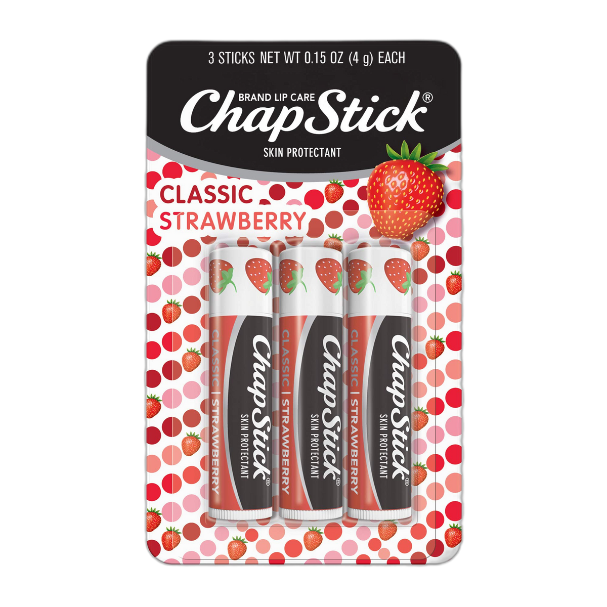 ChapStick Classic Strawberry Lip Balm Tubes, Lip Care and Lip Moisturizer - 0.15 Oz each, 3 Count (Pack of 1)