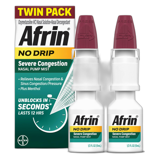 Afrin No Drip Severe Congestion Nasal Mist Twin Pack, Non-Drowsy, Fast-Acting Decongestant for Nasal Congestion and Sinus Pressure Relief, Adults and Children 6 and Older, .5 fl oz (Pack of 2)