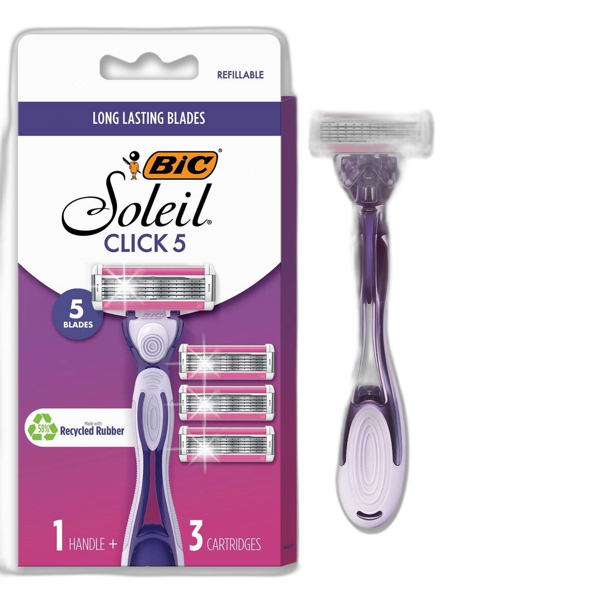 BIC Click 5 Soleil Women's Disposable Razors; 5 Blades With a Moisture Strip For a Smoother Shave; 1 Handle and 3 Cartridges; 4 Piece Razor Set