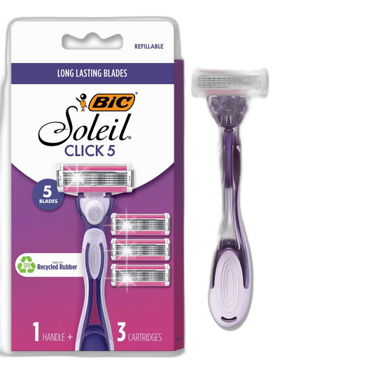 BIC Click 5 Soleil Women's Disposable Razors; 5 Blades With a Moisture Strip For a Smoother Shave; 1 Handle and 3 Cartridges; 4 Piece Razor Set