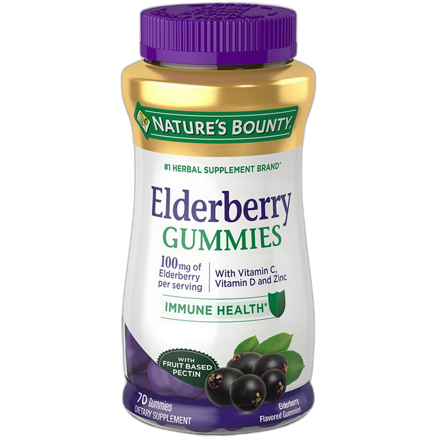 Nature's Bounty Elderberry Gummies, Dietary Supplement, Supports Immune Health, Contains Vitamin A, C, D, E and Zinc, 100 mg, 70 Gummies