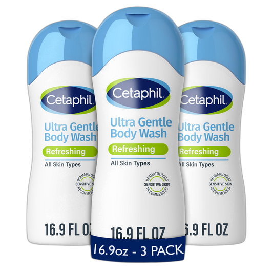 Cetaphil Ultra Gentle Refreshing Body Wash, Refreshing Scent For Dry to Normal, Sensitive Skin, 16.9oz Pack of 3, with Aloe Vera, Calendula, Vitamin B5, Hypoallergenic, Dermatologist Tested