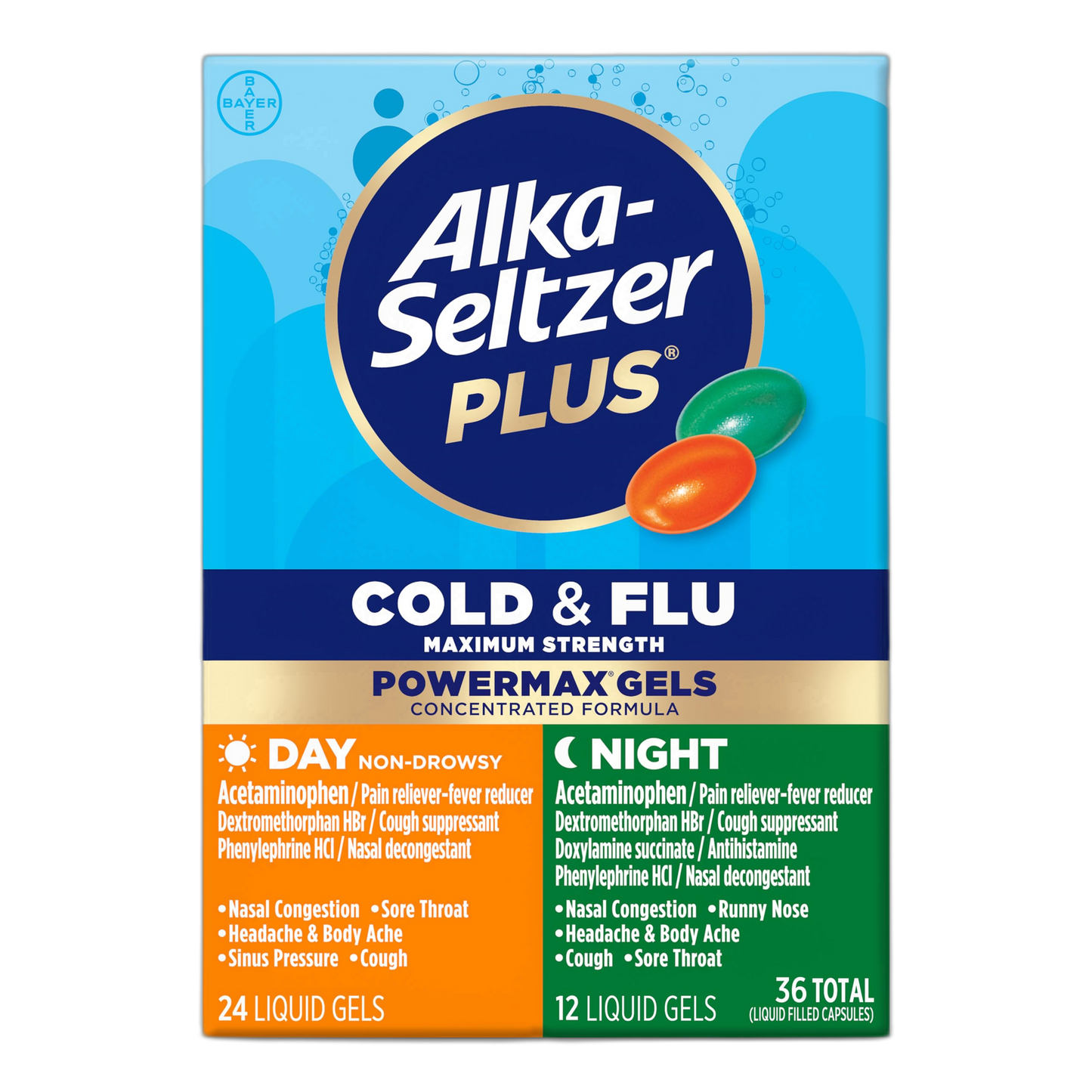 Alka-Seltzer Plus Power Max Cold & Flu Day+Night Medicine: Cough Suppressant, Cold and Flu Medicine For Adults and Children 12 Years and Older, 36 Count, Packaging May Vary