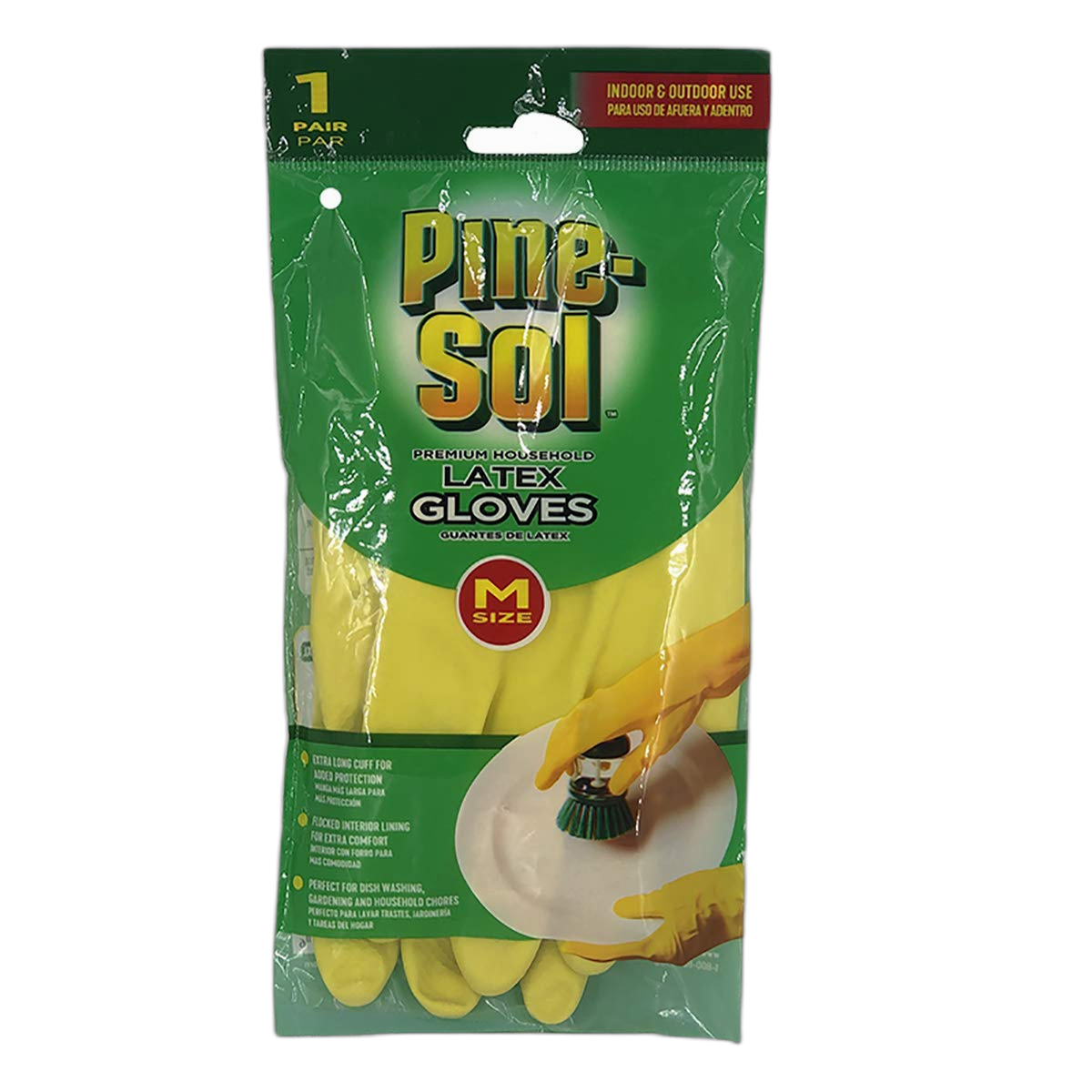 Pine-Sol Premium Latex Gloves | Protection from Bacteria, Germs, Chemicals, Odors | Indoor/Outdoor Use for Safe Cleaning, Washing, Gardening | 1 Pair, Medium, Yellow