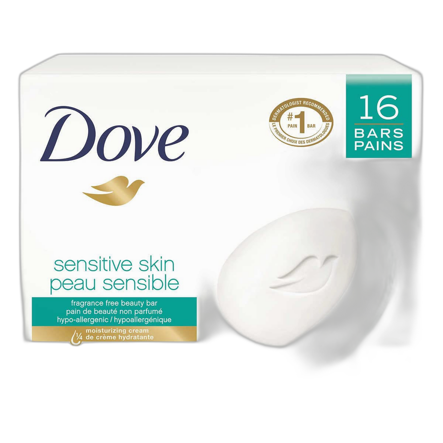 Dove Sensitive Skin - Unscented/Fragrance Free Hypo-Allergenic Beauty Bar, 3.73 oz / 106 g x 16 Pack