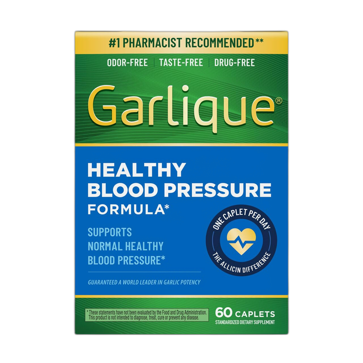 Garlique Garlic Extract Supplement, Healthy Blood Pressure Formula, Odorless & Vegan, 60 Caplets