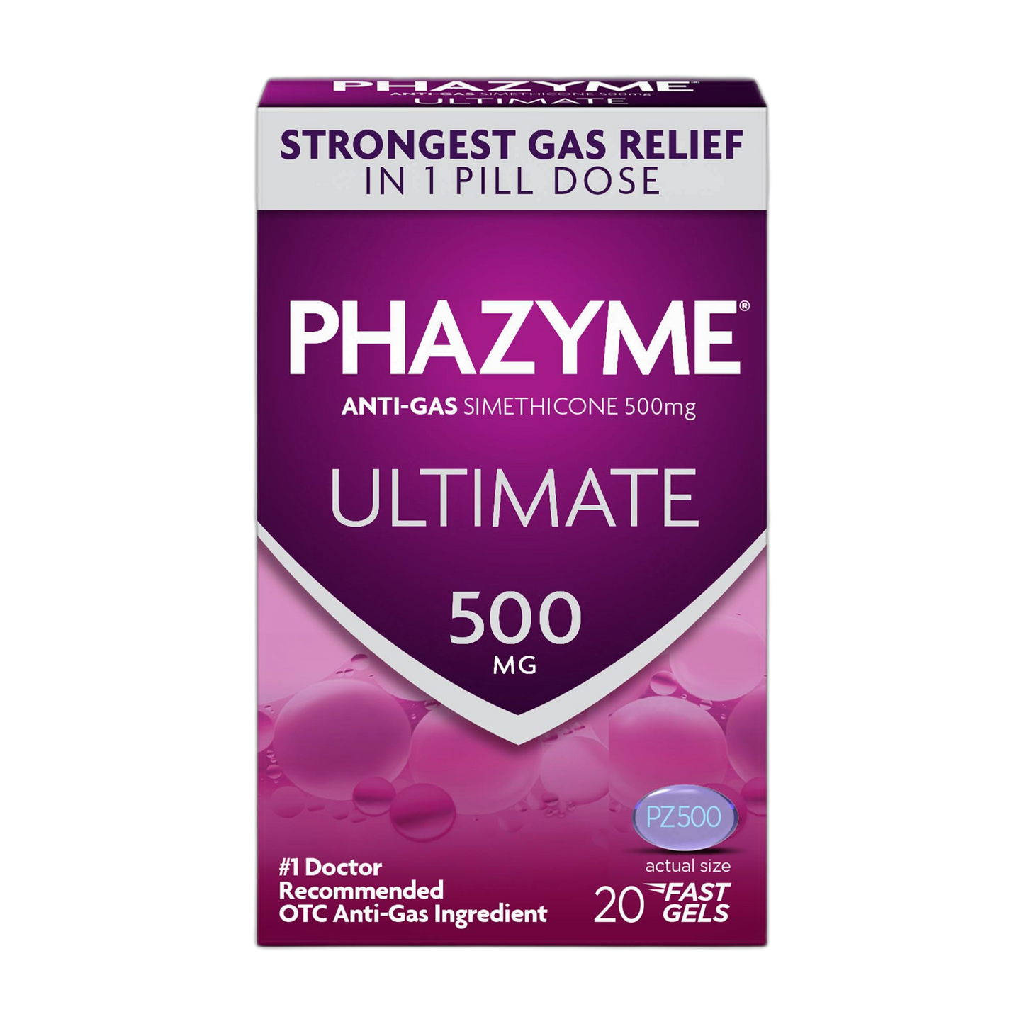 Phazyme Gas Relief, Ultimate Gas and Bloating Relief for Adults, 500 mg Simethicone Fast Gels, 20 Count