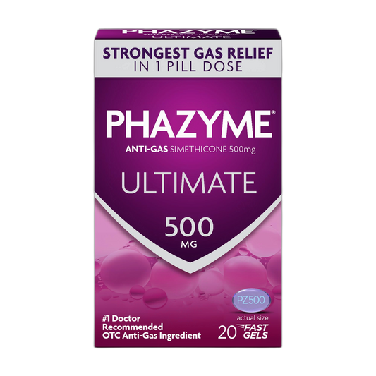 Phazyme Gas Relief, Ultimate Gas and Bloating Relief for Adults, 500 mg Simethicone Fast Gels, 20 Count