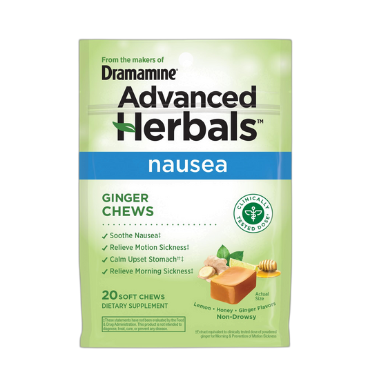 From the Makers of Dramamine, Advanced Herbals, Ginger Chews, Nausea Relief Soft Chews Lemon-Honey-Ginger, 20 Count