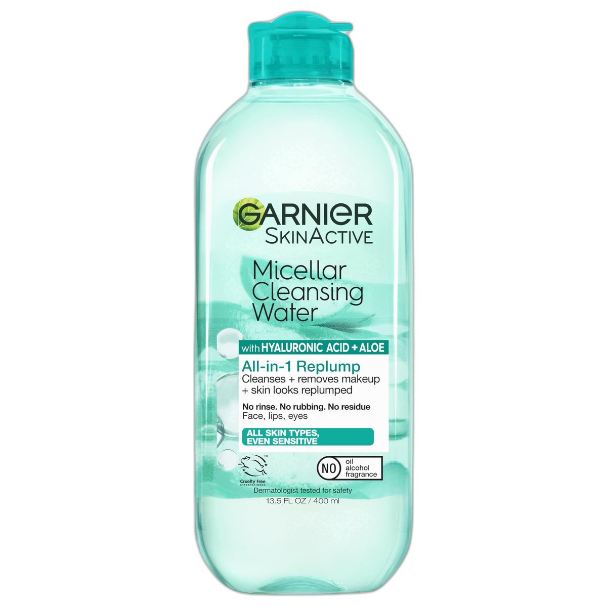 Garnier Micellar Water with Hyaluronic Acid, Facial Cleanser & Makeup Remover, Hydrating and Plumping, For All Skin Types, Vegan, Cruelty Free, 13.5 Fl Oz (400mL), 1 Count