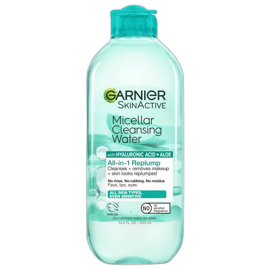 Garnier Micellar Water with Hyaluronic Acid, Facial Cleanser & Makeup Remover, Hydrating and Plumping, For All Skin Types, Vegan, Cruelty Free, 13.5 Fl Oz (400mL), 1 Count
