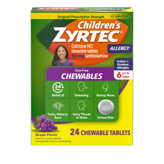 Zyrtec Children's Dye-Free Chewables for 24 Hour Allergy Relief, 10 mg Cetirizine Hydrochloride Antihistamine Tablets, Kids Allergy Medicine Relieves Sneezing & Itchy Throat, Grape, 24 ct